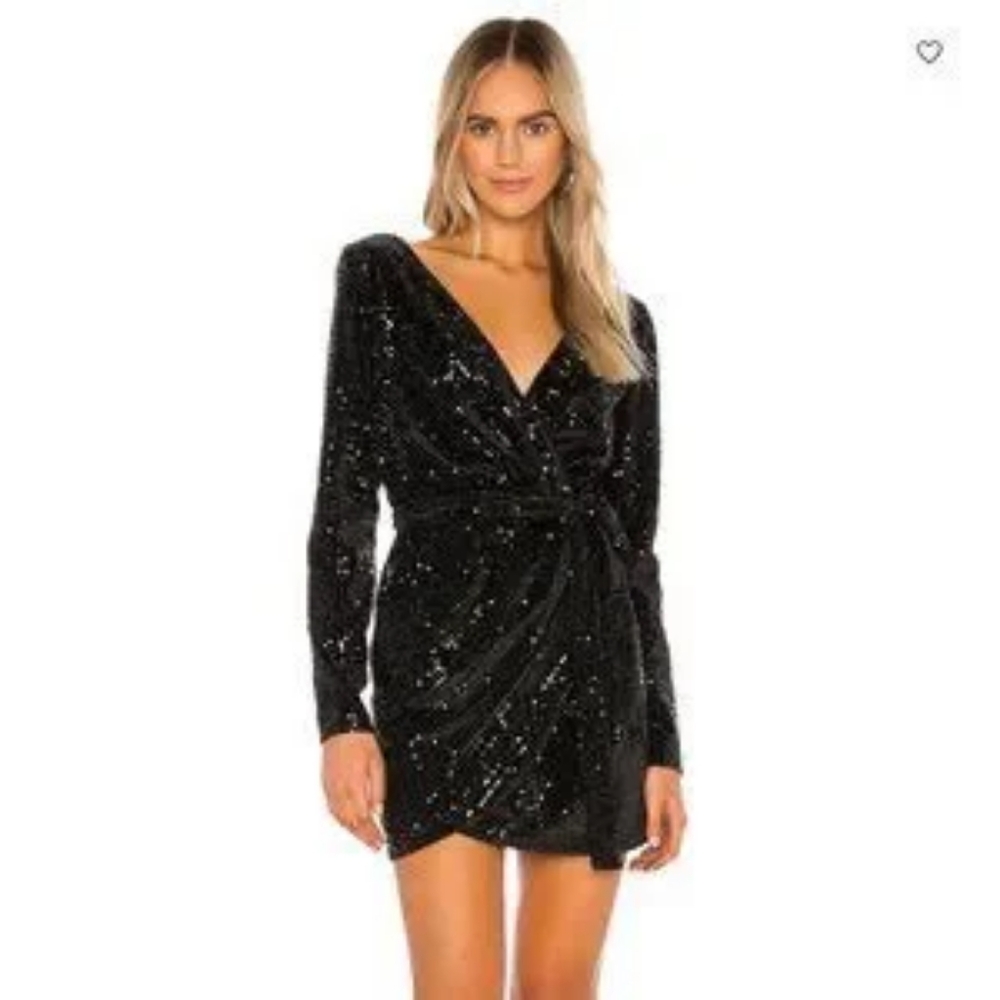Hours Roman Dress Wrap Sequin Deep V Neck Black Size XXS